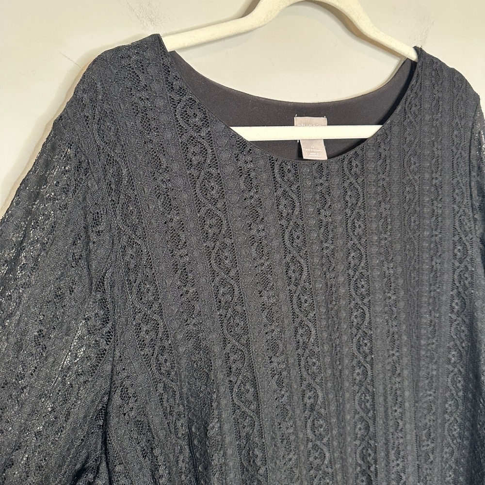 Chicos Black Lace Long Sleeve Top Women Size XXL Sheer Overlay - Picture 9 of 11